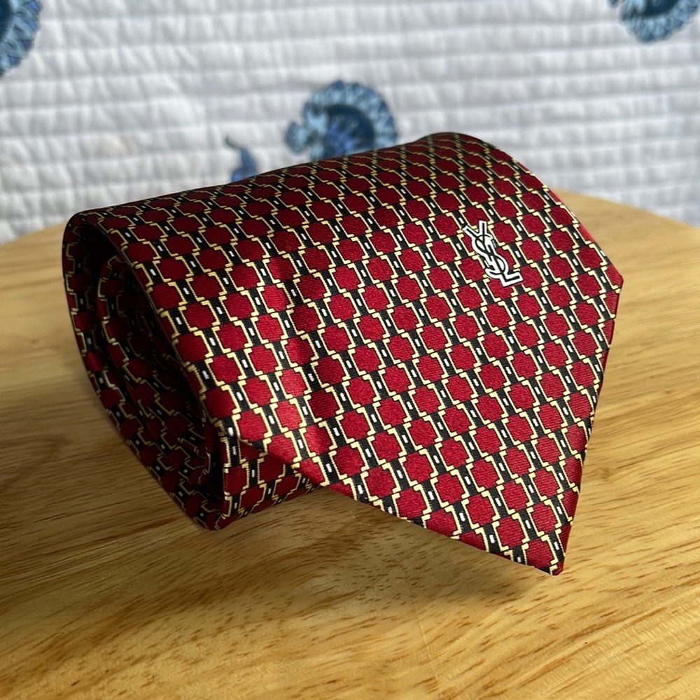 YSL Yves Saint Laurent Handmade Silk Neck Tie Red Gold Black